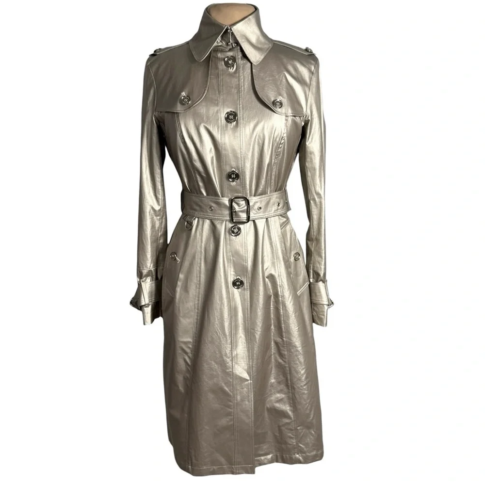 Burberry London Baldwin Metallic Trench Coat Champagne Muted Silver Gold US 6 - Picture 4 of 13